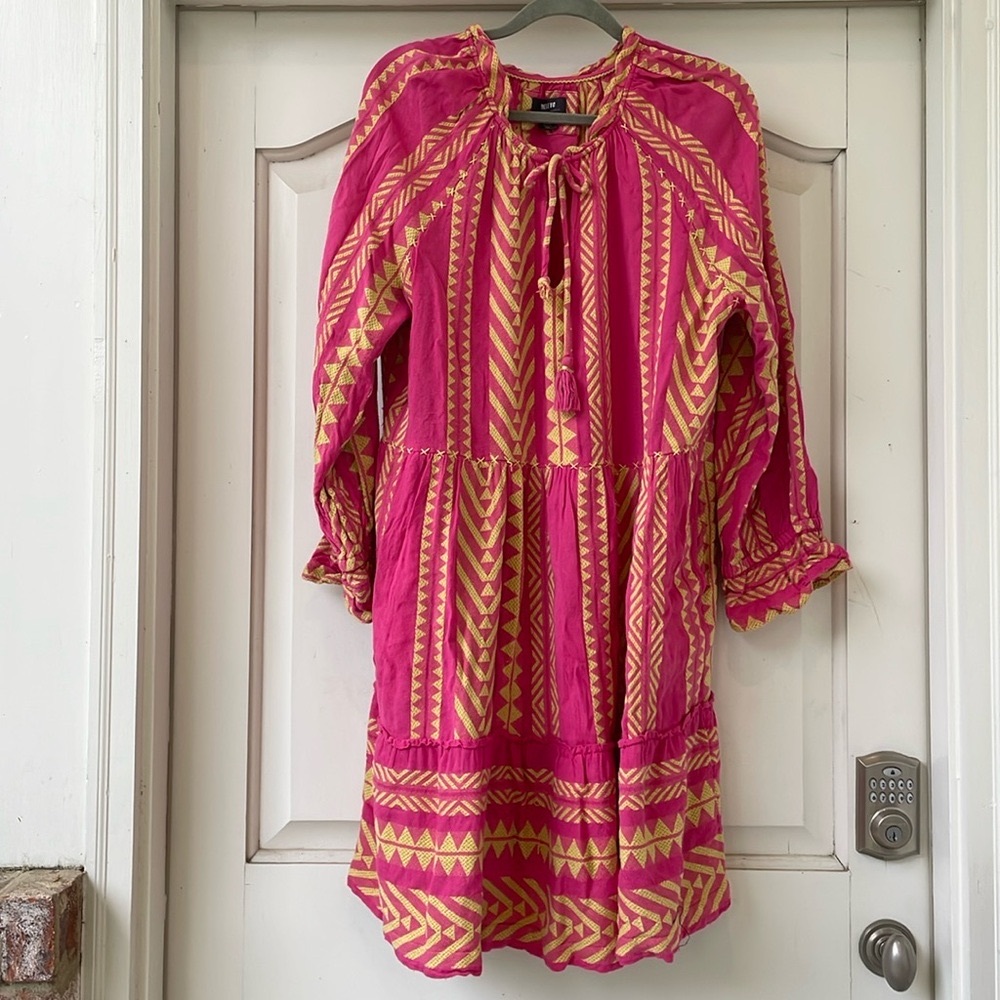 Maeve Anthropologie pink and lime green embroiderer long sleeve dress Large